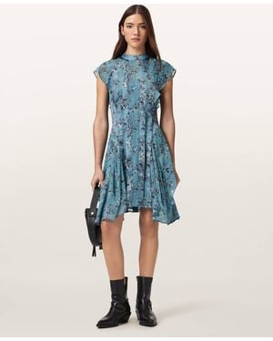 AllSaints Fleur Printed Asymmetric Mini Dress - Blue
