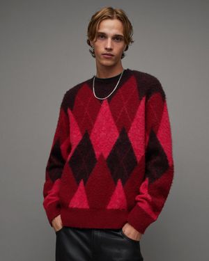 AllSaints Harley Brushed Argyle Crew Neck Jumper - Red
