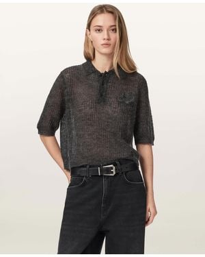 AllSaints Anabel Pointelle Embroidered Polo T-Shirt - Black