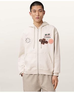 AllSaints Patcher Zip Up Cotton Hoodie - Natural