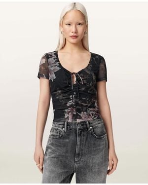 AllSaints Polyester Gabby Slim Fit Floral Mesh Top, /Us 0 - Black