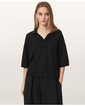 AllSaints Bern Short Sleeve Woven Wool Polo - Black