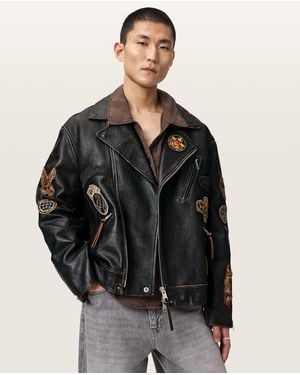 AllSaints Hays Leather Biker Patch Jacket - Black