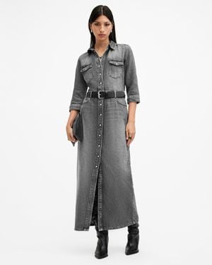 AllSaints Blair Long Sleeve Denim Maxi Dress,, Washed - Grey