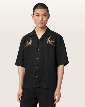 AllSaints Avia Short Sleeve Embroidered Linen Shirt - Black
