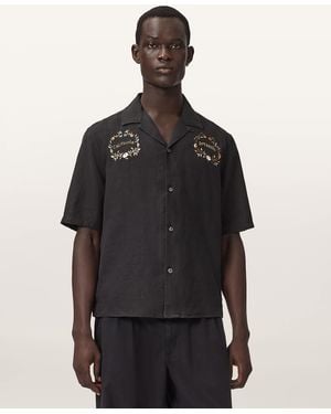 AllSaints Klavicle Short Sleeve Linen Embroidered Shirt - Black
