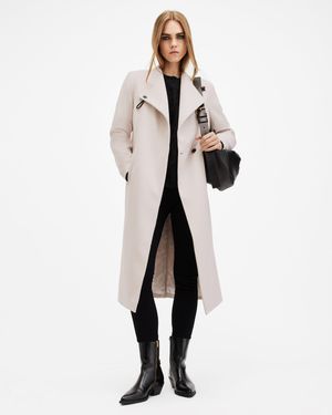AllSaints Riley Wrap Around Belted Long Line Coat,, Desert - White