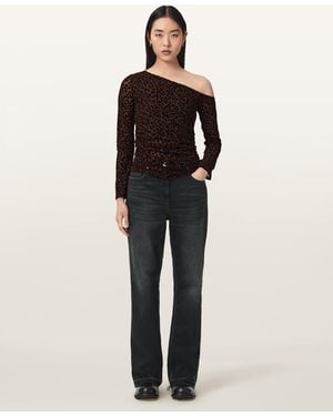 AllSaints Mimi Off-The-Shoulder Leopard Mesh Top - Black