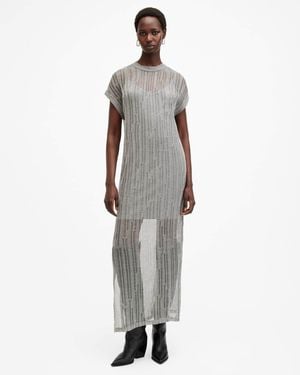 AllSaints Giana Metallic Open Stitch Midi Dress - White