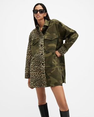 AllSaints Lily Oversized Denim Shacket Dress,, Camo - Green