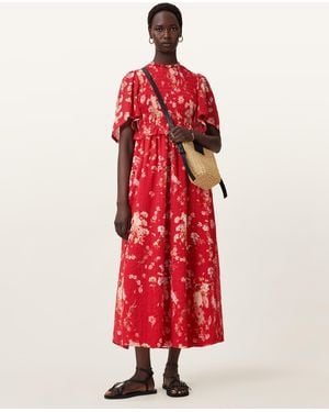 AllSaints Mya Floral Print Shirred Midi Dress
