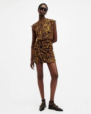 AllSaints Recycled Polyester Hali Animal Print Ruffle Mini Dress, /Us 4 - Natural