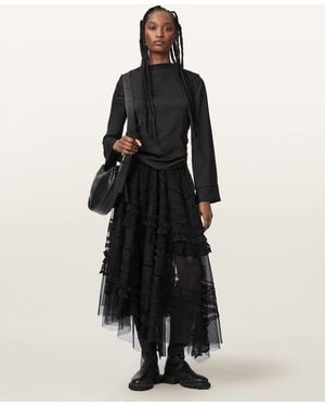 AllSaints Jen Tiered Lace Textile Midi Skirt - Black