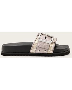AllSaints Ellie Studded Buckle Leather Sliders - Natural
