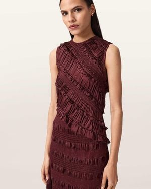 AllSaints Main: 100% Polyester Nyla Ruffled Midi Dress, /Us 2 - Red