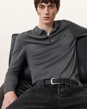 AllSaints Mode Merino Long Sleeve Polo Shirt - Black