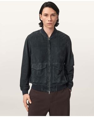 AllSaints Rokko Relaxed Suede Bomber Jacket - Blue