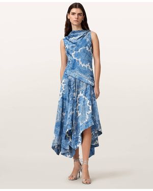 AllSaints Prue Draped Asymmetric Midi Dress - Blue