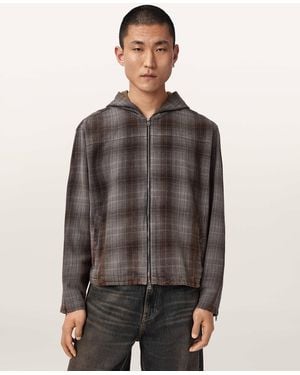 AllSaints Santo Check Zip Up Hooded Shirt - Grey