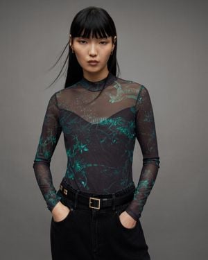 AllSaints Elia Cosmic Printed Mesh Bodysuit - Grey