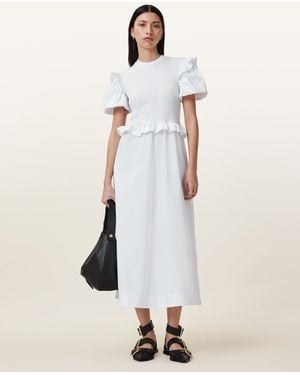 AllSaints Cotton Ode Shirred Puff Sleeve Midi Dress, /Us 4 - White