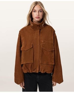 AllSaints Clay Funnel Neck Suede Cropped Jacket - Brown