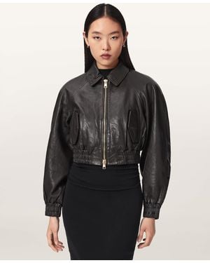 AllSaints Anouk Cropped Leather Bomber Jacket - Black