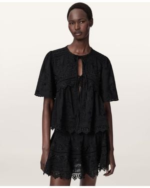 AllSaints Lillith Embroidered Short Sleeve Top - Black