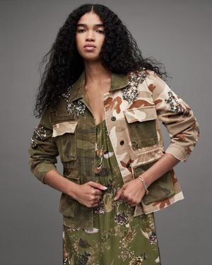 AllSaints Finch Camo Embellished Denim Jacket - Grey