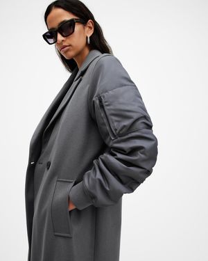AllSaints Paulah Wool Blend Double Breasted Coat,, Eiffel - Grey