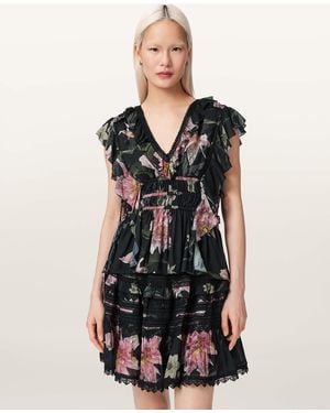 AllSaints Polyester Canto Printed Ruffle Tiered Top, /Us 2 - Black