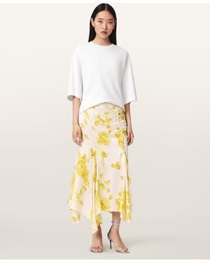 AllSaints Kathy Satin Floral Midi Skirt - Natural