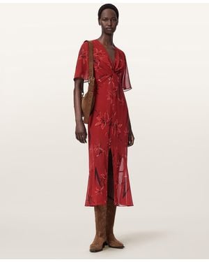 AllSaints Mollie Twist Detail Floral Midi Dress - Red