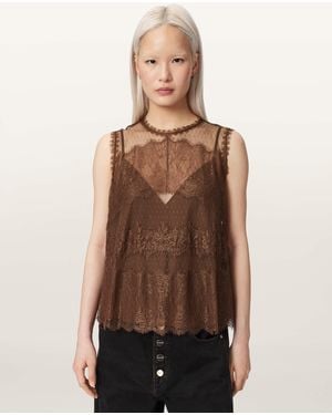 AllSaints Clara Lace Mesh Sleeveless Top - Brown