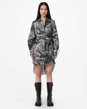 AllSaints Leyla Silk Linen Blend Shirt Dress - Grey