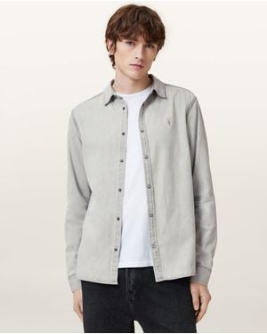 AllSaints Gleason Press Stud Ramskull Denim Shirt - Gray
