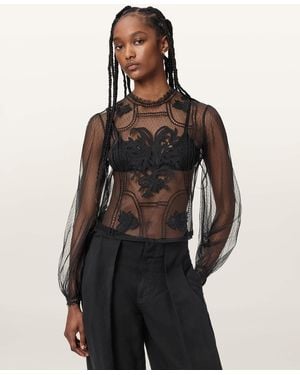 AllSaints Cesca Sheer Embroidered Top - Black