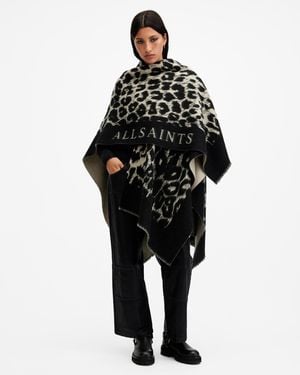 AllSaints Wool Draped Leopard Border Logo Ruana Scarf - Black