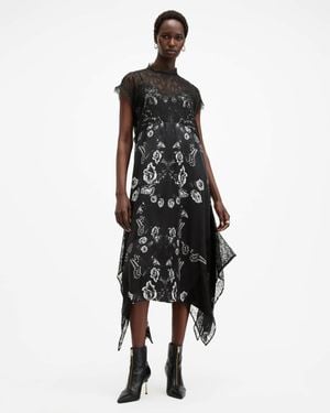 AllSaints Gian Lace Trim Asymmetric Maxi Dress,, Monica - Black