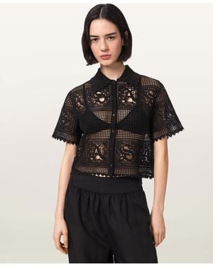 AllSaints Kyra Crochet Cropped Polo T-Shirt - Black