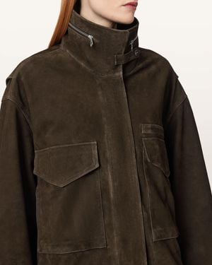 AllSaints Clay Funnel Neck Suede Cropped Jacket - Brown