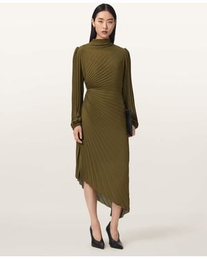 AllSaints Milena Asymmetric Pleated Midi Dress - Green