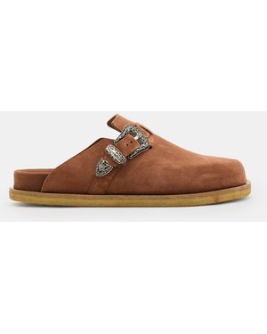 AllSaints Carlo Suede Western Buckle Mules - Brown