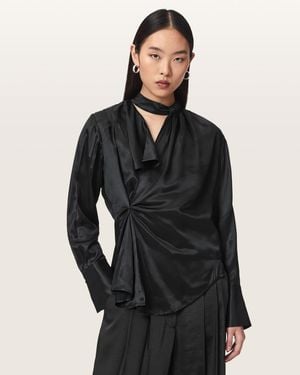 AllSaints Zellie Silk Blend Pleated Top - Black
