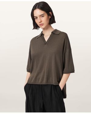 AllSaints Bern Short Sleeve Woven Wool Polo - Grey