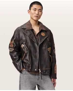 AllSaints Hays Leather Biker Patch Jacket - Black