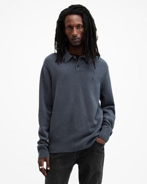 AllSaints Ramskull Embroidered Wool-Blend Polo Jumper - Blue