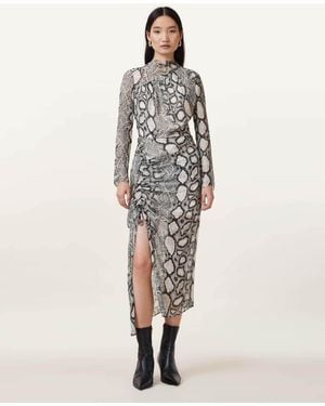 AllSaints Rizo Snake Print Silk Blend Midi Dress - Natural