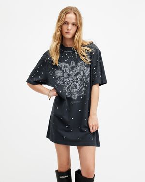 AllSaints Scatter Beaded Oversized T-Shirt Dress,, Washed - Blue