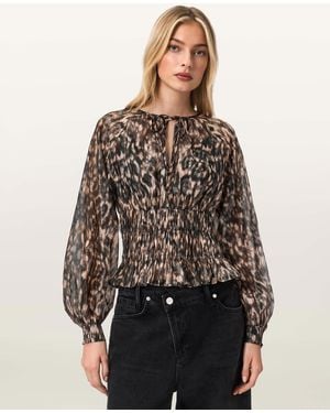 AllSaints Viscose Cern Animal Print Shirred Top, /Us 2 - Brown